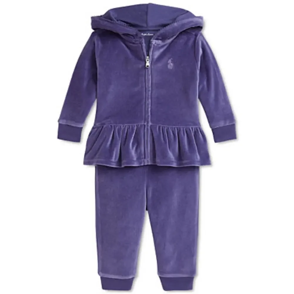 Polo Ralph Lauren‎ Baby Velour Peplum Hoodie Jogger Set Purple Pony Logo 12M